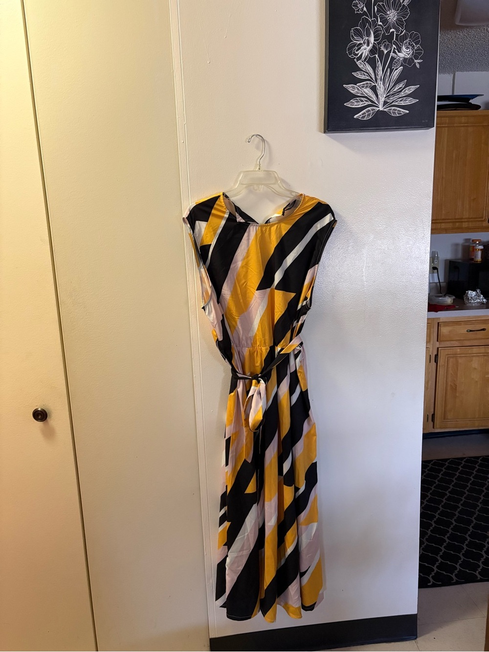 SHEIN Yellow Black Cream Striped Sleeveless Midi Dress